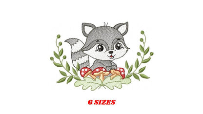 Raccoon embroidery designs - Woodland Forest Animal embroidery design machine embroidery pattern - Raccoon with mushrooms - Instant download