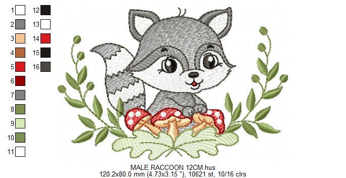 Raccoon embroidery designs - Woodland Forest Animal embroidery design machine embroidery pattern - Raccoon with mushrooms - Instant download