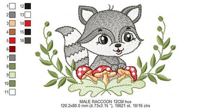 Raccoon embroidery designs - Woodland Forest Animal embroidery design machine embroidery pattern - Raccoon with mushrooms - Instant download
