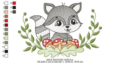 Raccoon embroidery designs - Woodland Forest Animal embroidery design machine embroidery pattern - Raccoon with mushrooms - Instant download