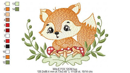 Red Fox embroidery designs - Woodland Forest Animal embroidery design machine embroidery pattern - Boy Fox with mushrooms - Instant download