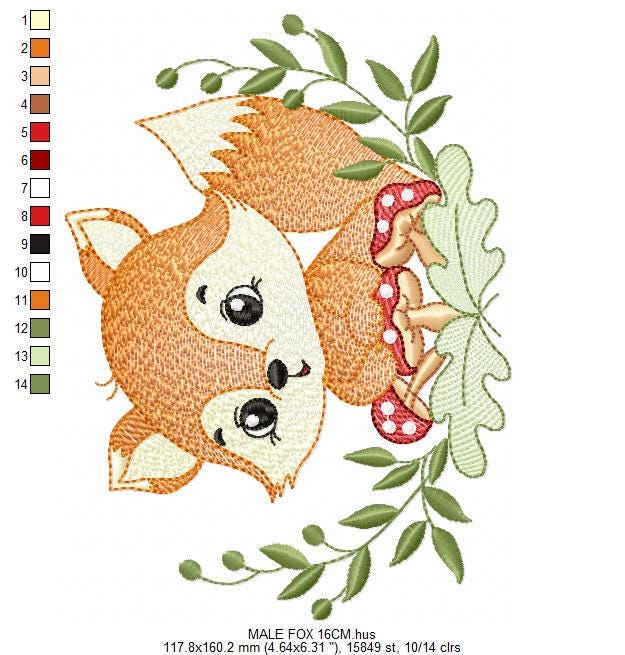 Red Fox embroidery designs - Woodland Forest Animal embroidery design machine embroidery pattern - Boy Fox with mushrooms - Instant download