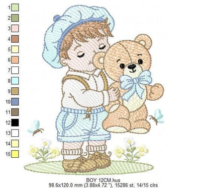 Vintage Baby boy embroidery design - Boy with cap and Teddy bear machine embroidery pattern - Children toddler kid - Instant download pes
