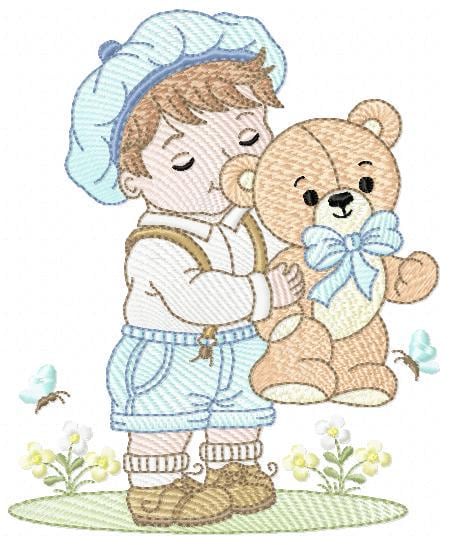 Vintage Baby boy embroidery design - Boy with cap and Teddy bear machine embroidery pattern - Children toddler kid - Instant download pes