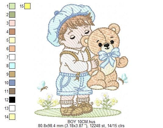 Vintage Baby boy embroidery design - Boy with cap and Teddy bear machine embroidery pattern - Children toddler kid - Instant download pes
