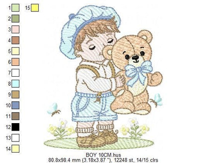 Vintage Baby boy embroidery design - Boy with cap and Teddy bear machine embroidery pattern - Children toddler kid - Instant download pes