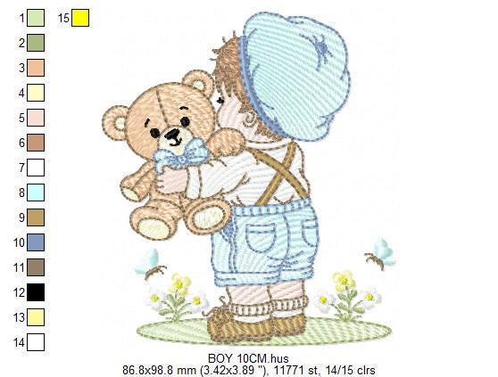 Baby boy with old clothes embroidery design - Child with cap and teddy bear machine embroidery pattern - Children toddler - Instant download