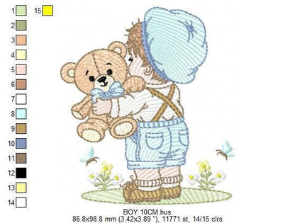 Baby boy with old clothes embroidery design - Child with cap and teddy bear machine embroidery pattern - Children toddler - Instant download