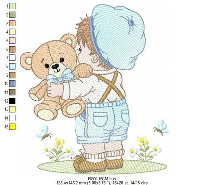 Baby boy with old clothes embroidery design - Child with cap and teddy bear machine embroidery pattern - Children toddler - Instant download