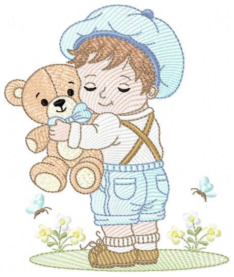 Boy embroidery design - Child with cap and teddy bear machine embroidery pattern - Children toddler with vintage clothes - Instant download