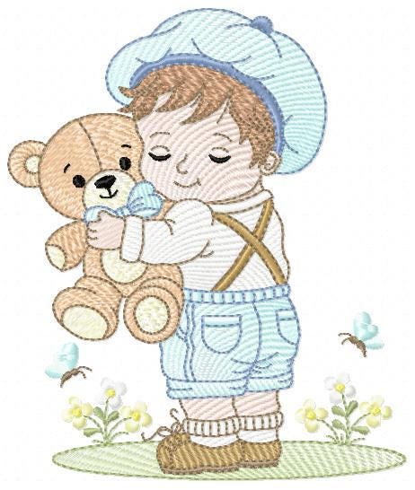 Boy embroidery design - Child with cap and teddy bear machine embroidery pattern - Children toddler with vintage clothes - Instant download