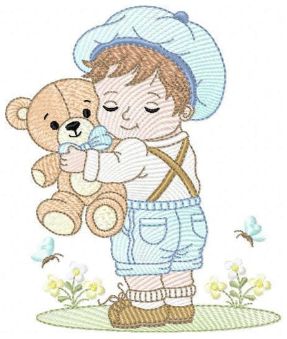 Boy embroidery design - Child with cap and teddy bear machine embroidery pattern - Children toddler with vintage clothes - Instant download