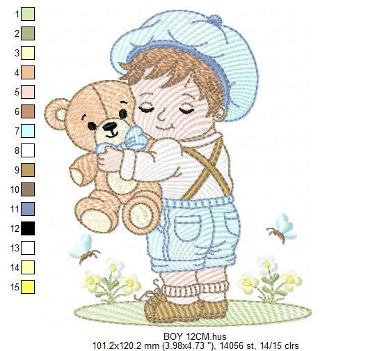 Boy embroidery design - Child with cap and teddy bear machine embroidery pattern - Children toddler with vintage clothes - Instant download