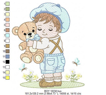 Boy embroidery design - Child with cap and teddy bear machine embroidery pattern - Children toddler with vintage clothes - Instant download