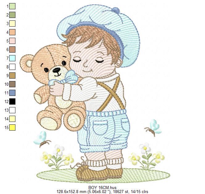 Boy embroidery design - Child with cap and teddy bear machine embroidery pattern - Children toddler with vintage clothes - Instant download
