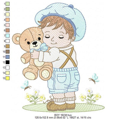 Boy embroidery design - Child with cap and teddy bear machine embroidery pattern - Children toddler with vintage clothes - Instant download