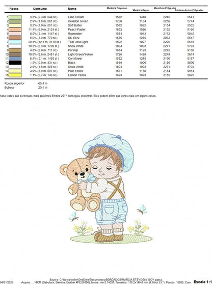 Boy embroidery design - Child with cap and teddy bear machine embroidery pattern - Children toddler with vintage clothes - Instant download