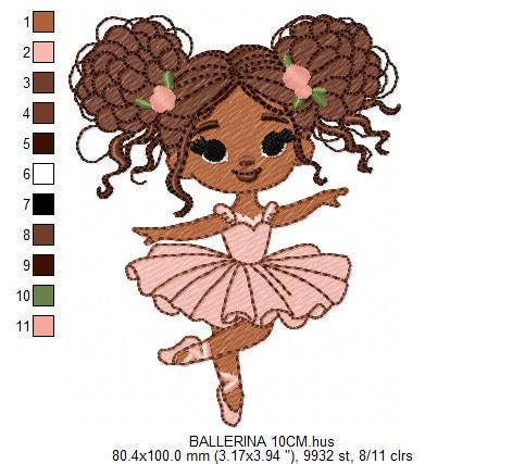 Ballerina embroidery designs - Ballet dancer with curly black hair machine embroidery pattern - Long Curly hair Girl - instant download pes