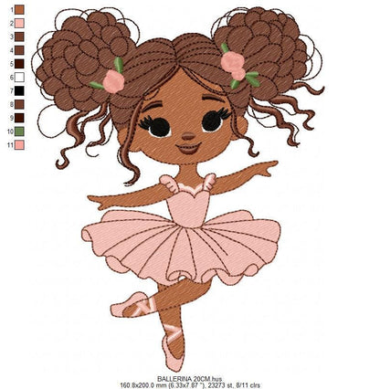 Ballerina embroidery designs - Ballet dancer with curly black hair machine embroidery pattern - Long Curly hair Girl - instant download pes