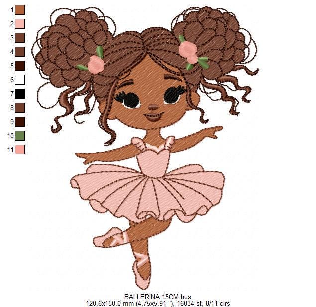 Ballerina embroidery designs - Ballet dancer with curly black hair machine embroidery pattern - Long Curly hair Girl - instant download pes