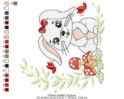 Female Bunny embroidery design - Rabbit with lace and laurel frame machine embroidery pattern - Woodland animal girl - Instant download pes