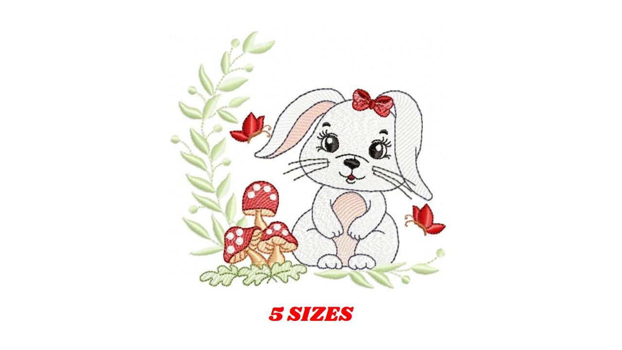 Female Bunny embroidery design - Rabbit with lace and laurel frame machine embroidery pattern - Woodland animal girl - Instant download pes