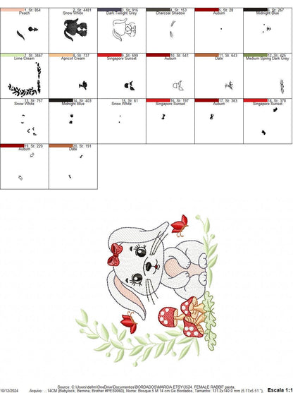 Female Bunny embroidery design - Rabbit with lace and laurel frame machine embroidery pattern - Woodland animal girl - Instant download pes