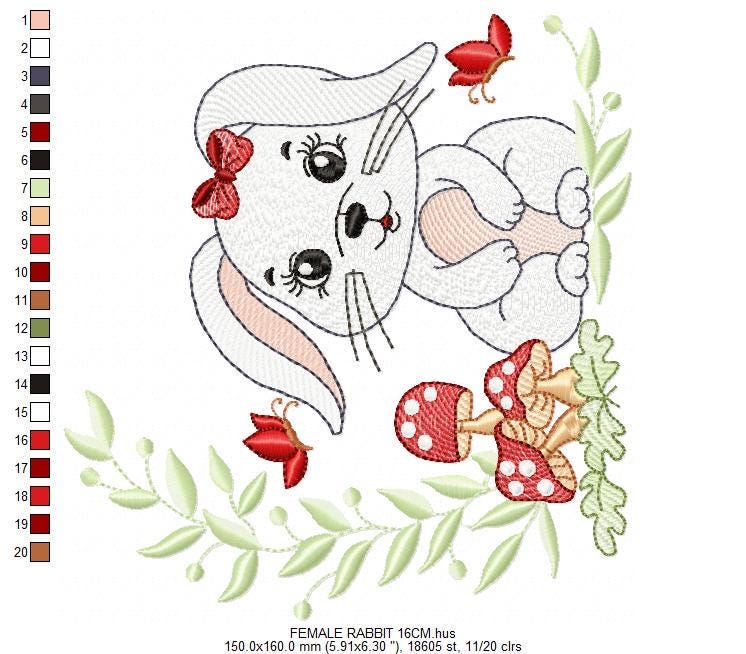 Female Bunny embroidery design - Rabbit with lace and laurel frame machine embroidery pattern - Woodland animal girl - Instant download pes
