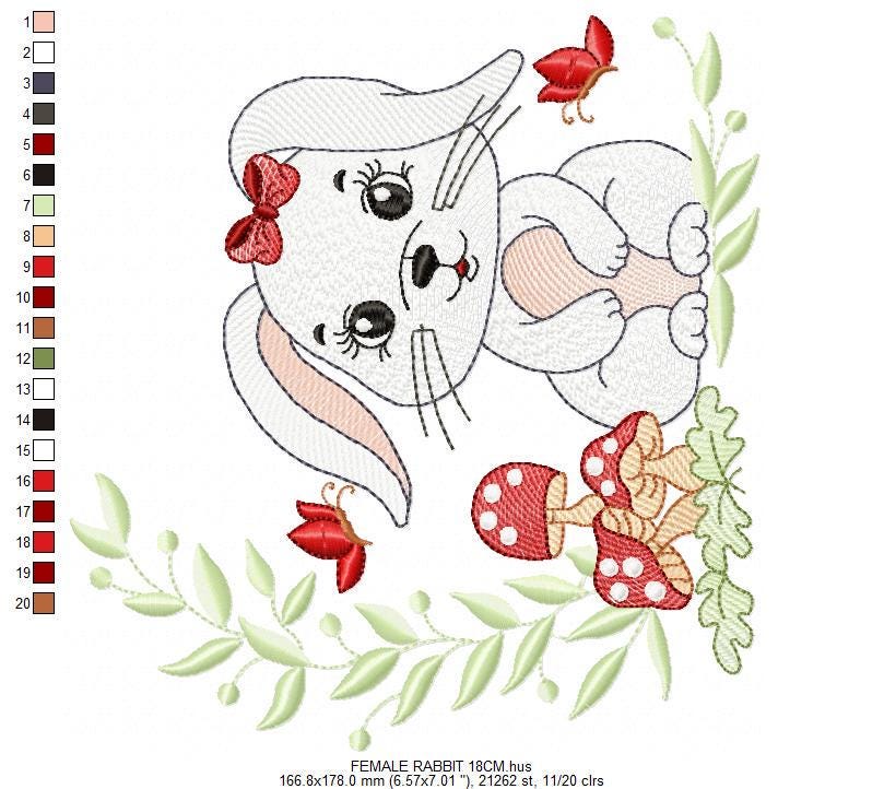 Female Bunny embroidery design - Rabbit with lace and laurel frame machine embroidery pattern - Woodland animal girl - Instant download pes