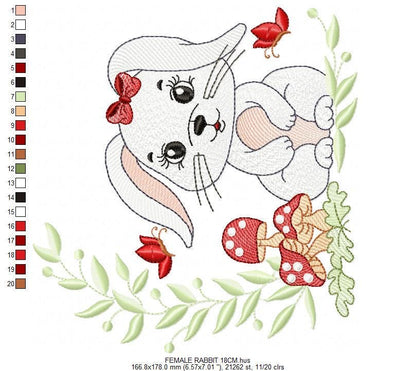 Female Bunny embroidery design - Rabbit with lace and laurel frame machine embroidery pattern - Woodland animal girl - Instant download pes