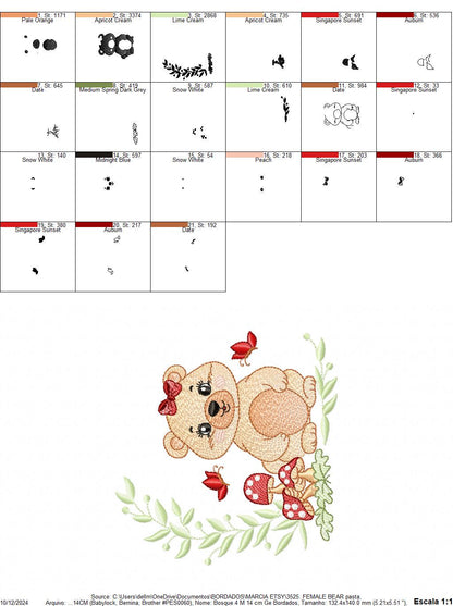 Female Bear embroidery designs - Baby girl machine embroidery pattern - Bear with butterfly mushroom and laurel frame - Instant download