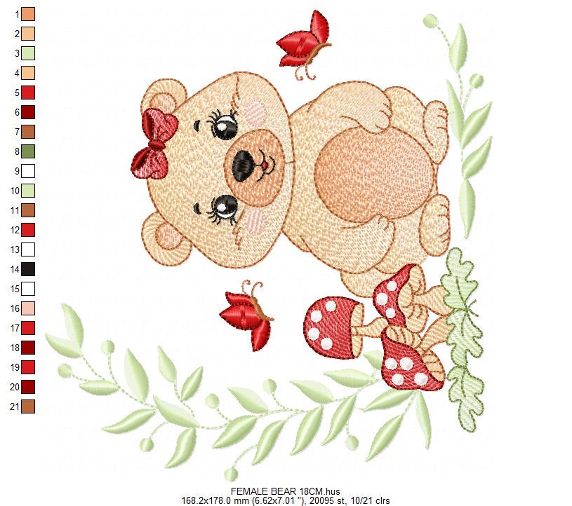 Female Bear embroidery designs - Baby girl machine embroidery pattern - Bear with butterfly mushroom and laurel frame - Instant download