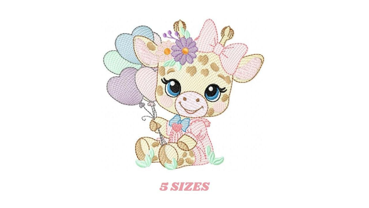 Giraffe with balloons embroidery design - Safari Animal with flowers embroidery machine pattern - Girl Giraffe with lace - Instant download