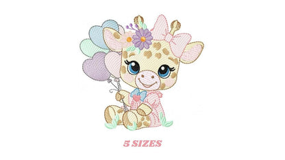 Giraffe with balloons embroidery design - Safari Animal with flowers embroidery machine pattern - Girl Giraffe with lace - Instant download