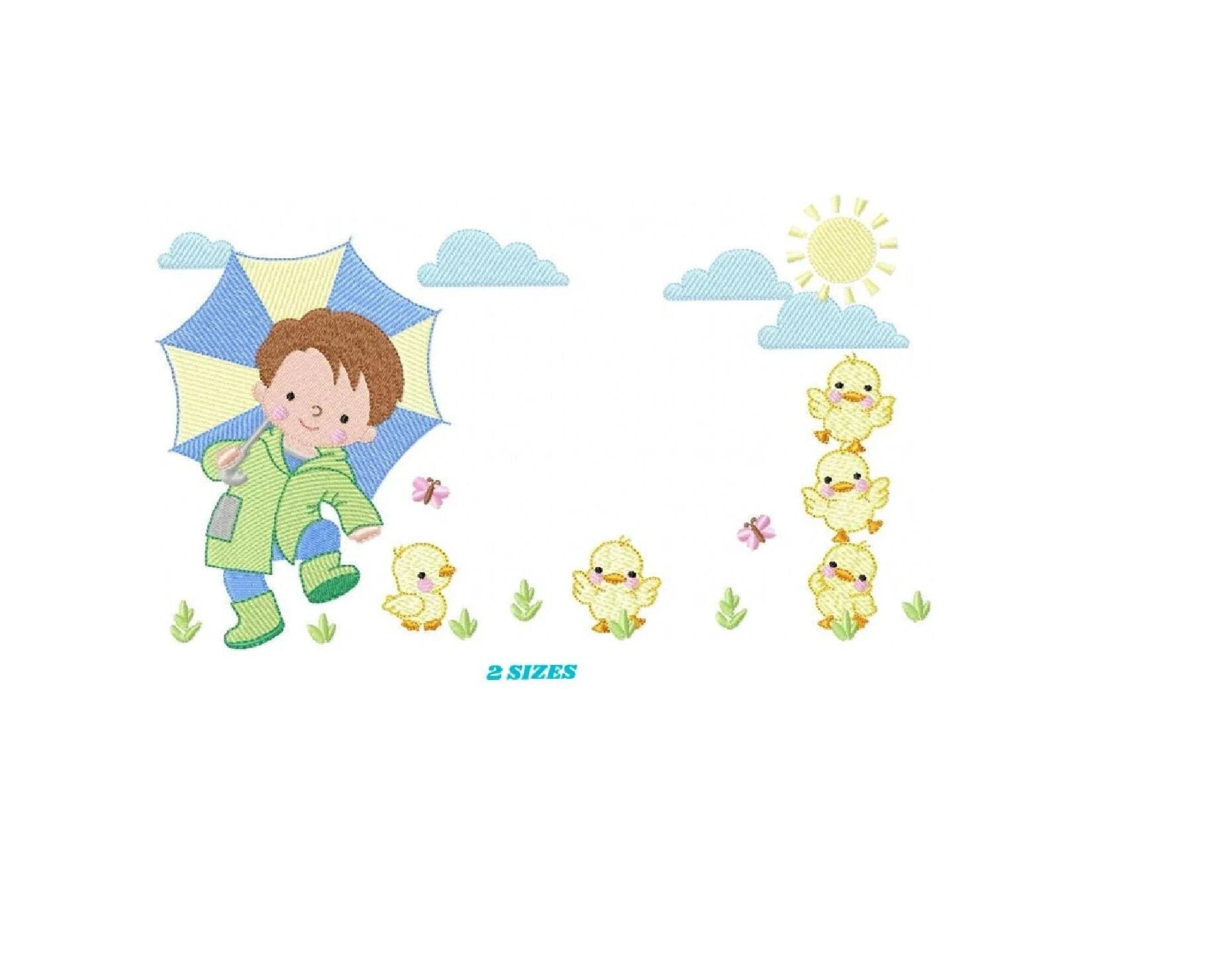 Baby boy with umbrella embroidery design - Duck family machine embroidery pattern - Boy with umbrella embroidery file - Instant download jef