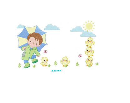 Baby boy with umbrella embroidery design - Duck family machine embroidery pattern - Boy with umbrella embroidery file - Instant download jef