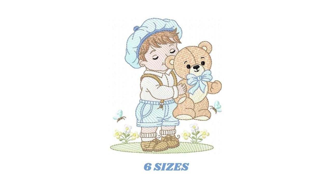 Vintage Baby boy embroidery design - Boy with cap and Teddy bear machine embroidery pattern - Children toddler kid - Instant download pes