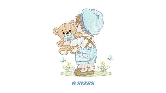 Baby boy with old clothes embroidery design - Child with cap and teddy bear machine embroidery pattern - Children toddler - Instant download