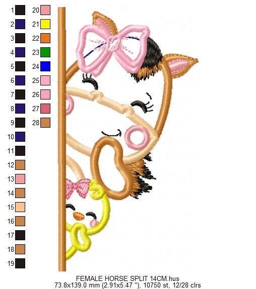 Peek a boo Female Horse split embroidery design - Farm Animal Mare machine embroidery pattern - Horse with chick applique - Instant download