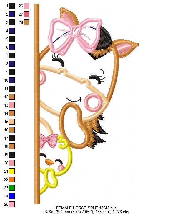 Peek a boo Female Horse split embroidery design - Farm Animal Mare machine embroidery pattern - Horse with chick applique - Instant download