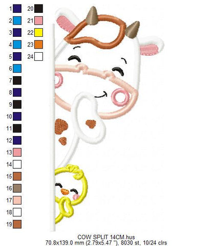 Peek a boo Cow split embroidery design - Farm Ranch Animal machine embroidery pattern - Cow with chick applique design - Instant download