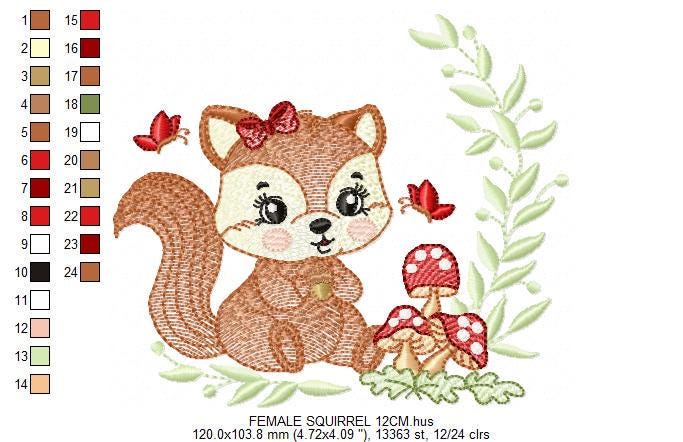 Female Squirrel with lace embroidery design - Woodland Animal with laurel frame and mushrooms machine embroidery pattern - Instant download