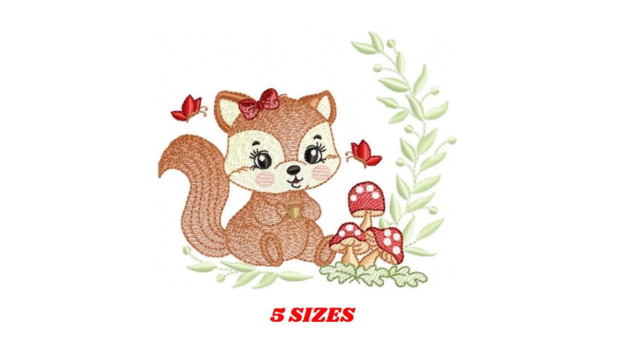 Female Squirrel with lace embroidery design - Woodland Animal with laurel frame and mushrooms machine embroidery pattern - Instant download