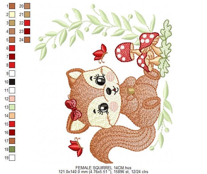 Female Squirrel with lace embroidery design - Woodland Animal with laurel frame and mushrooms machine embroidery pattern - Instant download