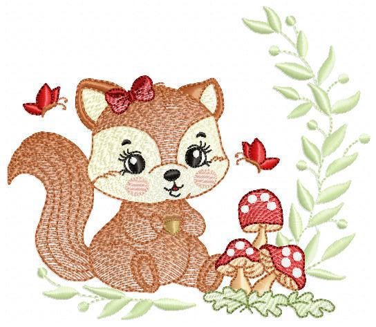 Female Squirrel with lace embroidery design - Woodland Animal with laurel frame and mushrooms machine embroidery pattern - Instant download