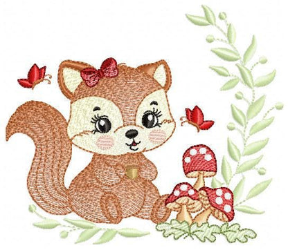 Female Squirrel with lace embroidery design - Woodland Animal with laurel frame and mushrooms machine embroidery pattern - Instant download