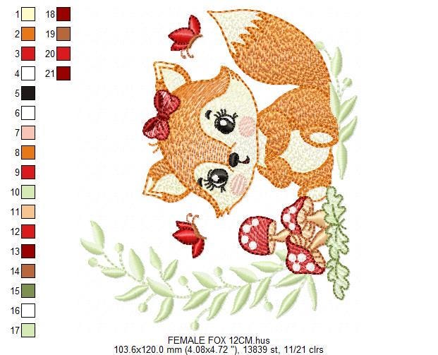 Female Red Fox with lace and mushrooms embroidery designs - Woodland animal machine pattern - Fox with laurel frame - Instant download pes