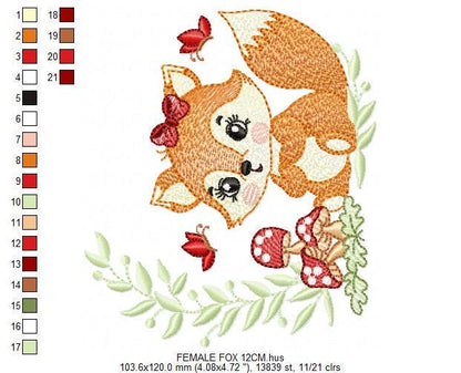 Female Red Fox with lace and mushrooms embroidery designs - Woodland animal machine pattern - Fox with laurel frame - Instant download pes