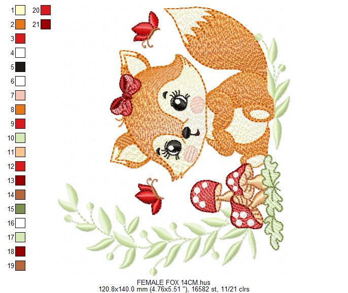 Female Red Fox with lace and mushrooms embroidery designs - Woodland animal machine pattern - Fox with laurel frame - Instant download pes