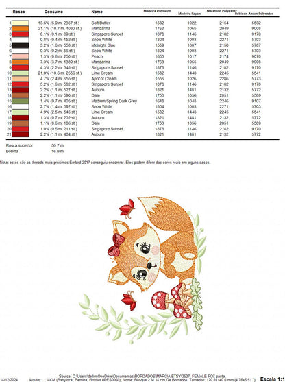 Female Red Fox with lace and mushrooms embroidery designs - Woodland animal machine pattern - Fox with laurel frame - Instant download pes